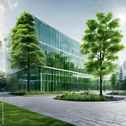 Office building with green environment. Eco-friendly building in the modern city. Sustainable glass office building with trees for reducing heat and carbon dioxide.