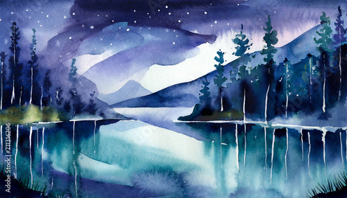 Watercolor Art Painting: Crystal-Clear Lake, Forest Embrace Calmly at Night