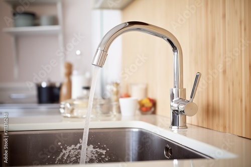 modern faucet running clear water into a sink