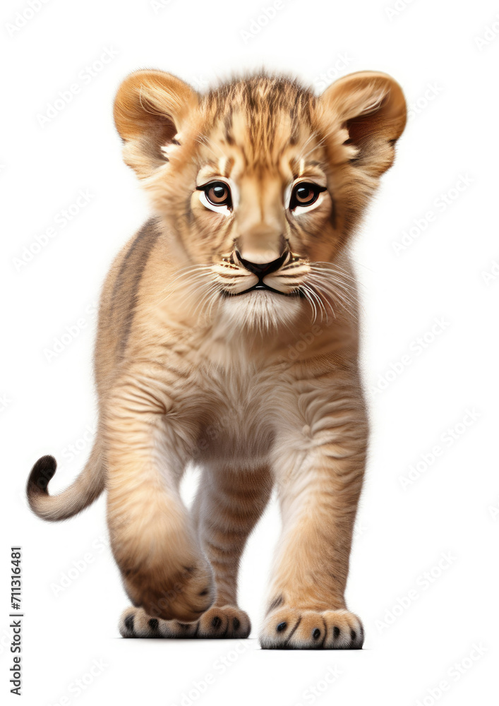 Small Lion Cub Walking Across White Background Small Lion Cub Walking Across White Background