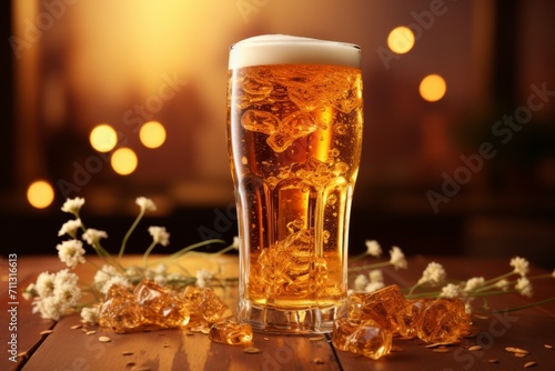 3D Render of Lager Beer in a Tall Glass, on an isolated Honey Gold background, Generative AI