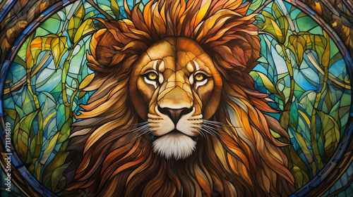 Vibrant stained glass window  lion pattern.