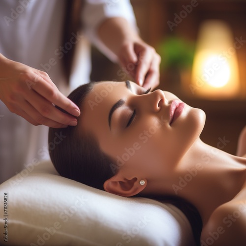 Beautiful young woman enjoying facial massage in spa salon. Beauty treatment concept.AI.