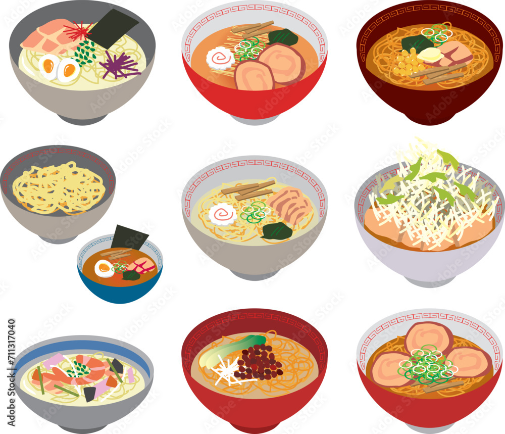 ラーメンの種類メニューイラストセット ラーメンの種類メニューイラストセット