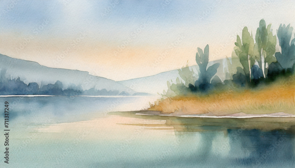 Watercolor Art Painting: Still Lake, Shore Whispers Subtly at Noon