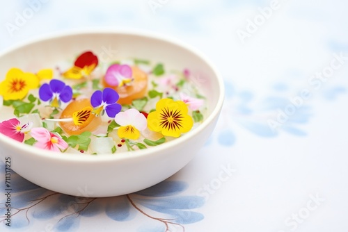 close shot of scallop ceviche with microgreens and edible flowers photo