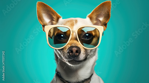 Small Dog Wearing Sunglasses on Blue Background © Piotr