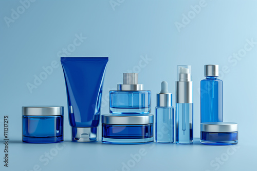 Set of luxury cosmetic products on light blue background. Multi-colored bottles with perfume. On a light blue background. Cosmetics.