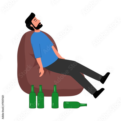 Drunk man sleeping with beer alcohol bottle on the floor in flat design. Alcoholic character. Alcohol addiction.