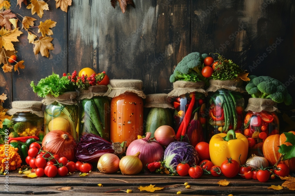 Colorful autumn vegetables in jars are placed on a wooden table in a rustic style