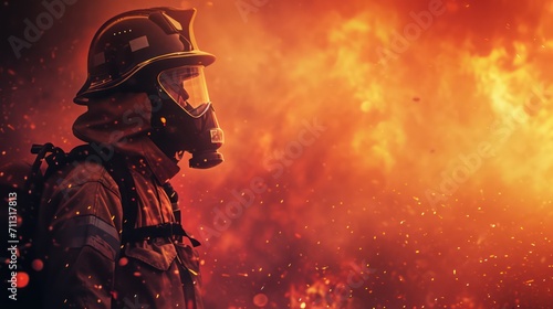 A fire-fighting background with ample copy space for text, showcasing a fire effect, a firefighter in full uniform, fireproof clothing, personal protective equipment, and an oxygen cylinder
