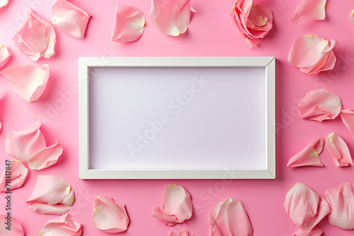 Empty white frame on pink background with rose petals. Mockup for special offers, inspirational, motivational text. photo