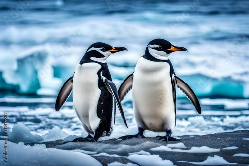 Witness the resilience of nature as a chinstrap penguin explores the icy shores of Antarctica  creating a mesmerizing spectacle.