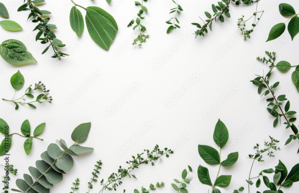 a photo of a green arrangement of leaves on a white background
