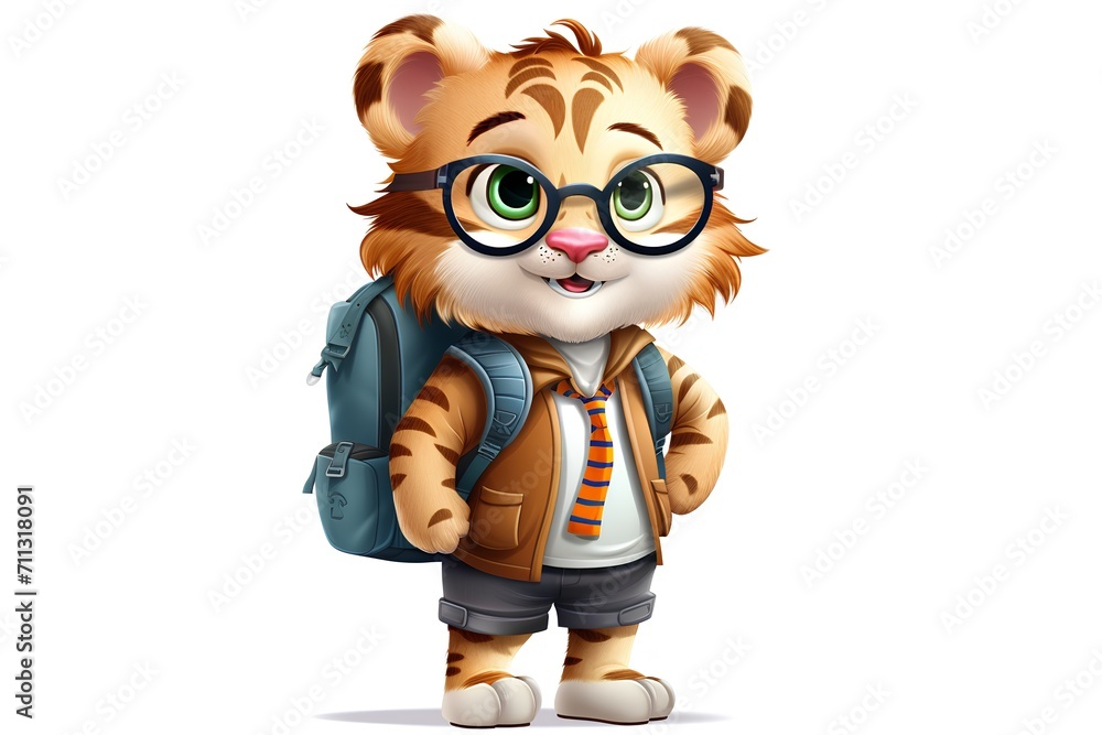 Cute cartoon tiger with backpack. Vector illustration isolated on white background.