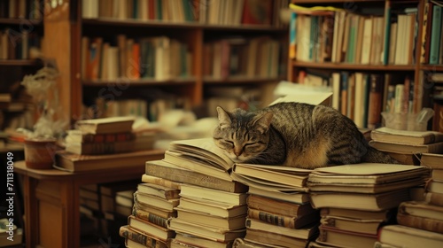 Old bookstore cat nestled among rare editions. Warm, introspective sanctuary with quiet charm.