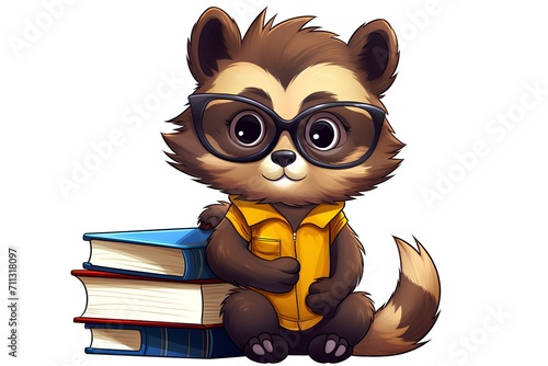 Cute cartoon raccoon with glasses and books. Vector illustration. photo