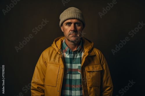 portrait of mature man in yellow jacket and hat on dark background © Inigo
