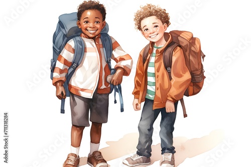 Two happy boys with backpacks. Hand drawn illustration isolated on white background