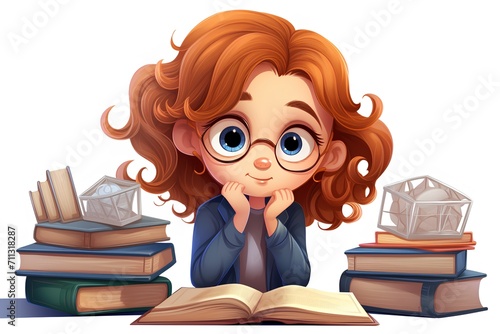 Cute red-haired girl with books. Vector cartoon illustration. © hungryai
