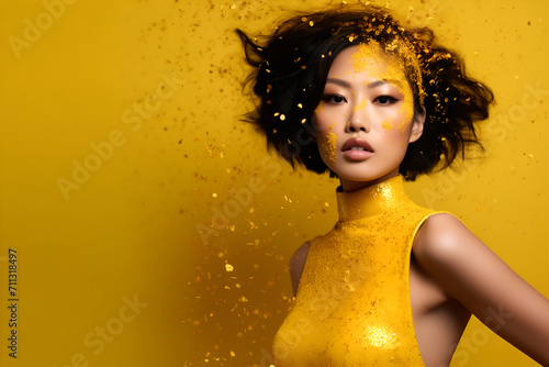 Fashion editorial Concept. Stunning beautiful asian woman high fashion striking shiny yellow gold glitter shimmer sparkle. illuminated with dynamic composition and dramatic lighting. copy text space 