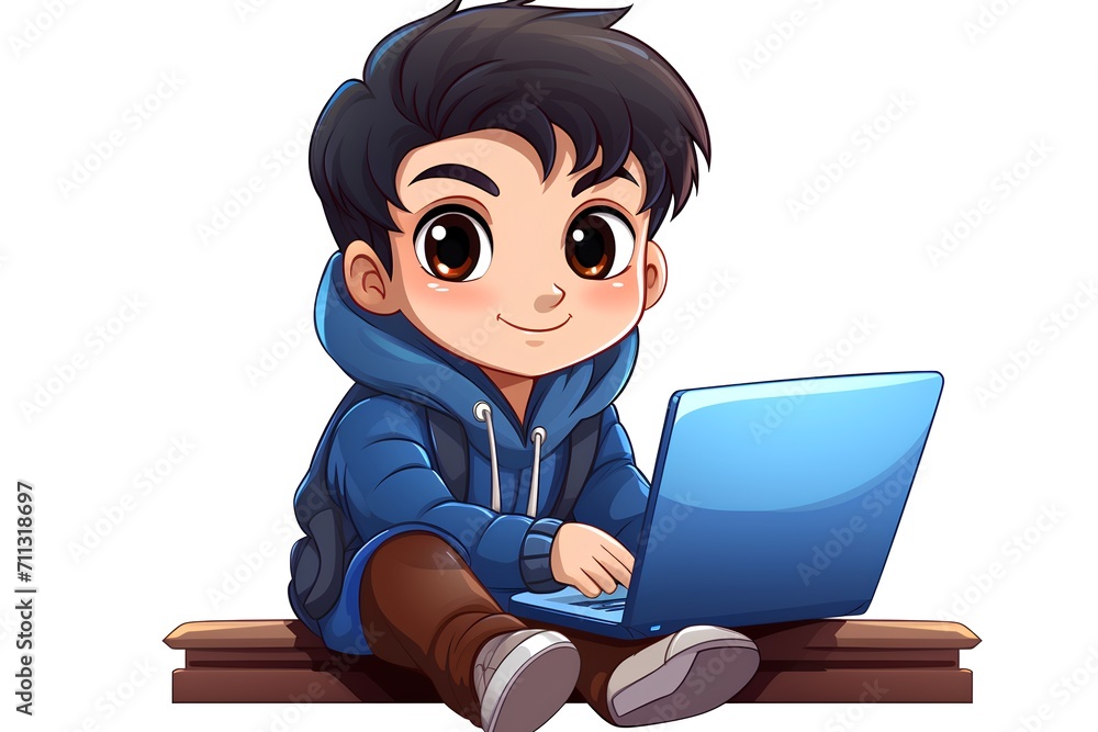Vector illustration of Cute little boy with laptop on white background. Vector illustration of Cute little boy with laptop on white background.