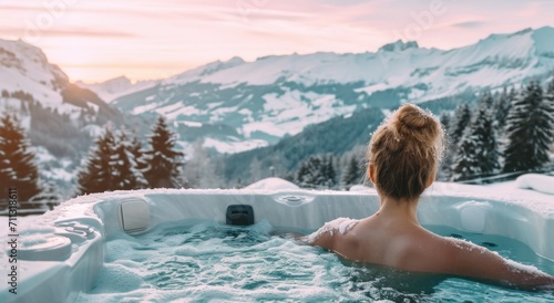 Obraz na płótnie female in hot tub overlooking mountains and snow