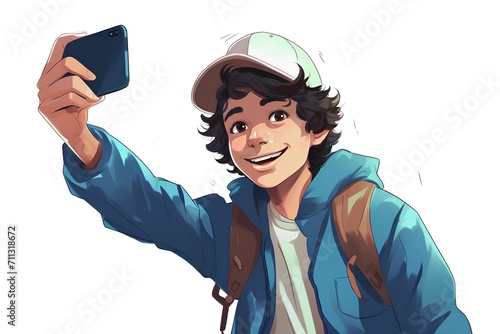 Vector illustration of a young man in a blue jacket and cap taking a selfie with a smartphone. photo