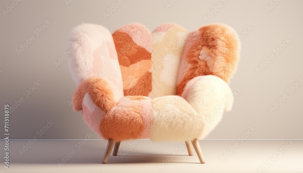 a chair with a pink fur is placed on an orange background a chair with a pink fur is placed on an orange background