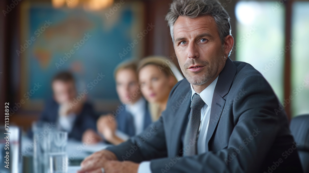Suited businessman confidently presents strategic plans during a corporate meeting, exuding professionalism