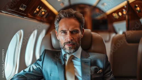 elegant business man sitting in luxury business jet