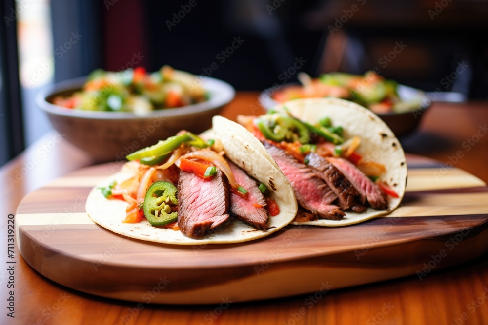 flank steak fajitas with grilled scallions on a wooden plate flank steak fajitas with grilled scallions on a wooden plate