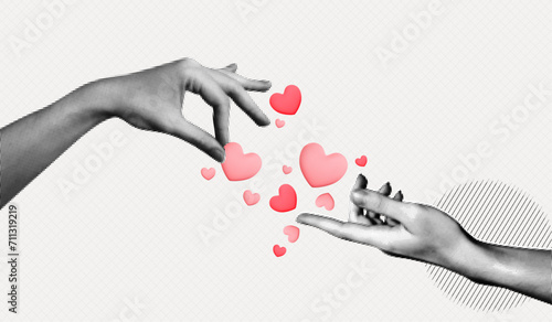 Trendy Halftone Collage Two Female Hand with floating Hearts. Social media emoticon. Happy Valentine and Mother Day. Share love. Contemporary vector illustration art