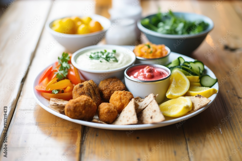 falafel platter with dips and side dishes on a wooden table