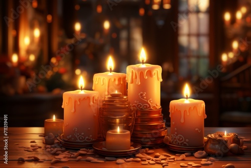 Cartoon Christmas Candles Illuminating a Cozy Scene, on an isolated Warm Candlelight background, Generative AI