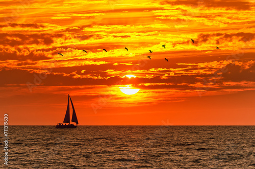 Sunset Sailboat Ocean Sail Boat Silhouette Birds Flying Beach Inspirational Sailing Journey