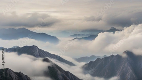 Mountain peaks covered in heavy fog