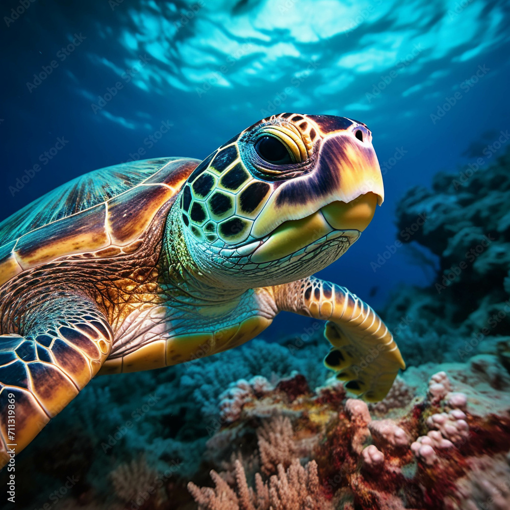 Obraz premium Image of a sea turtle swimming in the sea.