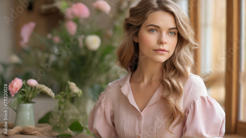 Portrait of beautiful Caucasian woman in 20s with wavy brown hair in retro linen clothes, countryside lifestyle, slow fashion, sustainable village living, natural beauty concept.