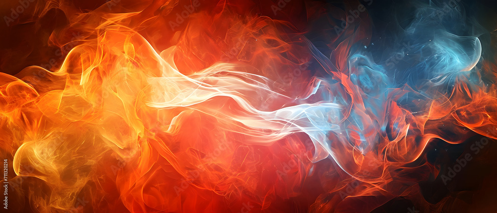 An intense inferno of vibrant red and cool blue swirls, igniting feelings of passion and tranquility through the abstract display of amber flames and wispy smoke