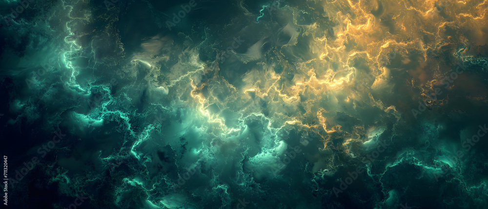 An ethereal scene of the natural world, with swirling blue and green clouds creating a dreamlike atmosphere