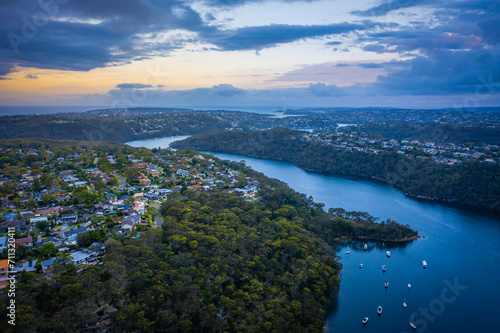 Drone aerial view over suburbs of Northern Beaches in Sydney Australia