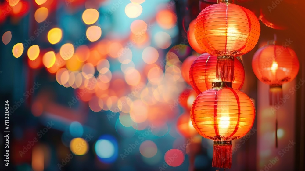 Chinese New Year background, lanterns in Chinese city, blur background, copy space - generative ai Chinese New Year background, lanterns in Chinese city, blur background, copy space - generative ai