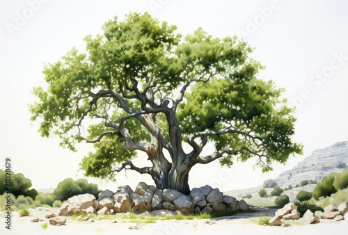 Painting of a Tree in a Rocky Landscape