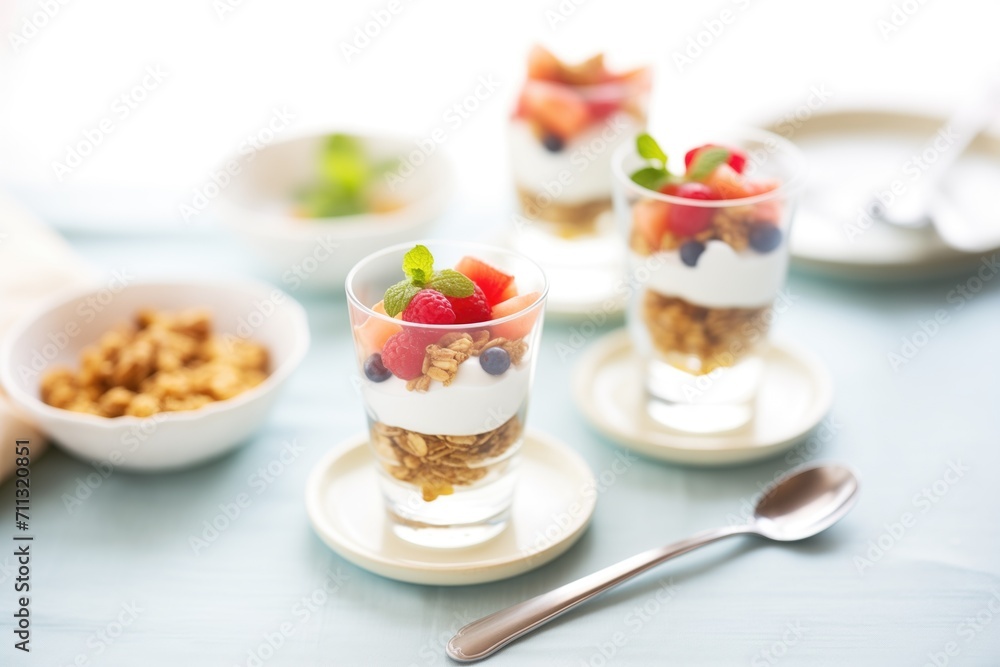 mini greek yogurt parfaits with granola and pomegranate in shot glasses mini greek yogurt parfaits with granola and pomegranate in shot glasses
