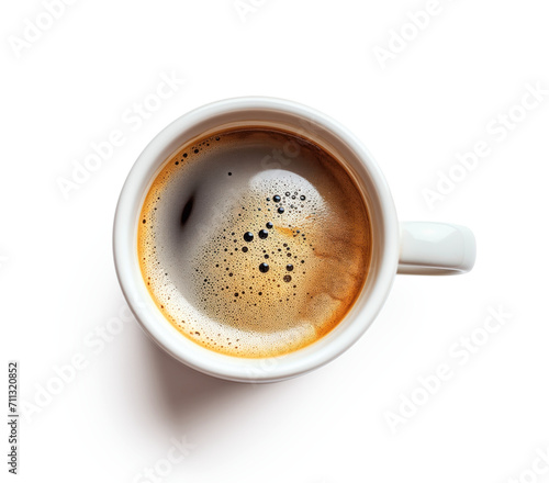 Top View of Fresh Coffee in White Cup on Isolated Background. Morning Espresso with Visible Crema