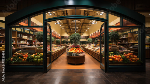 The inviting entrance of a grocery store opens to a well-stocked produce section, showcasing an abundance of fresh fruits and vegetables. photo