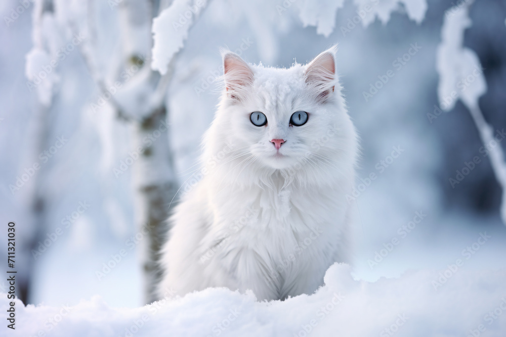 White cat with long fur and blue eyes in snow landscape