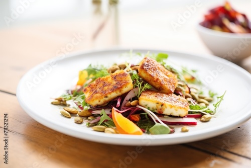 halloumi cheese and beetroot salad with pumpkin seeds