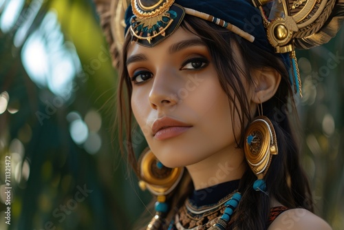 Woman in the Goddess Ancient Maya Civilization Beauty Style - Beautiful Goddess Girl Background created with Generative AI Technology